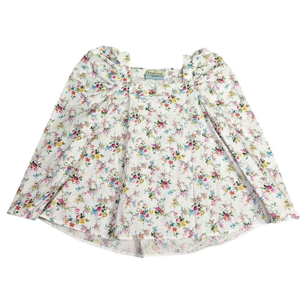 Tish Cox Blouse Top Womens XL White Floral Print Square Neck Pleated Puff Sleeve